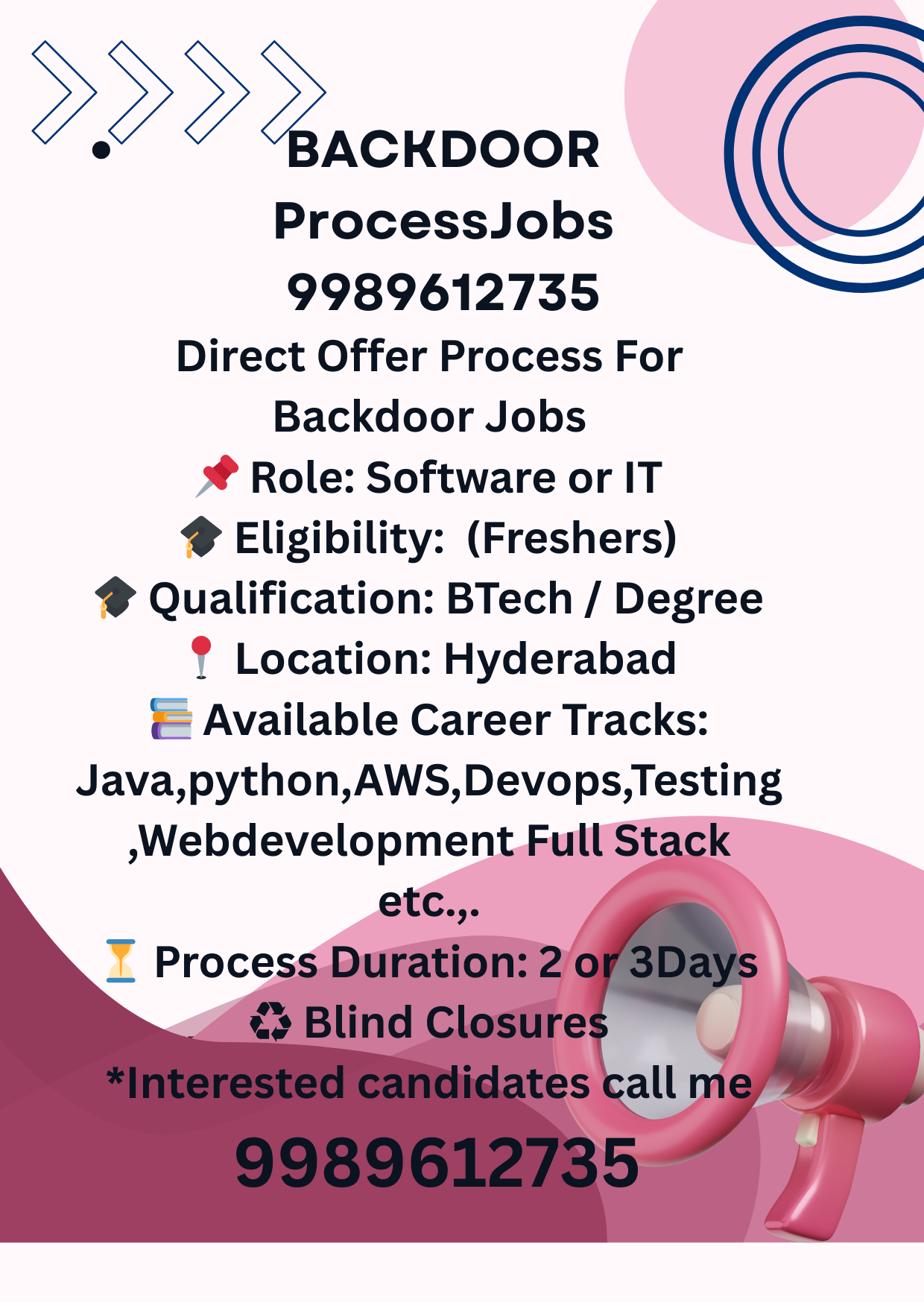 Hiring Fresher IT jobs Hyderabad Backdoor 9989612735